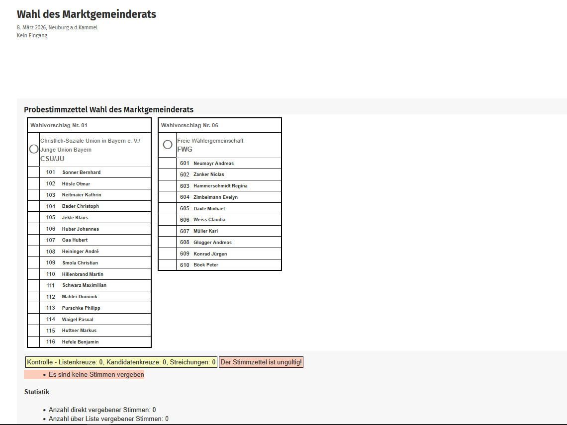 Probestimmzettel zur Gemeinderatswahl 2026 in Neuburg a.d.Kammel